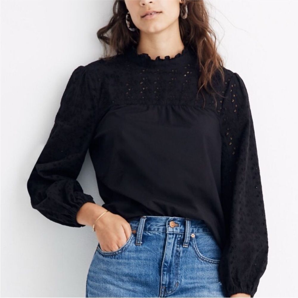 Madewell Pieced Eyelet Mockneck Ruffle Top